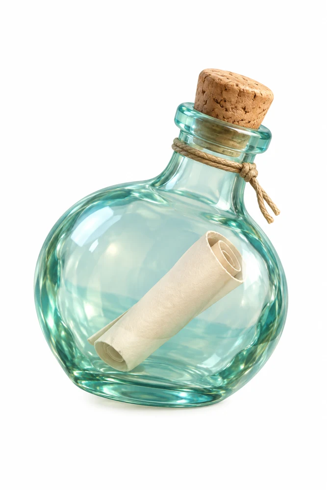 装着一卷信纸的浅青绿色玻璃漂流瓶